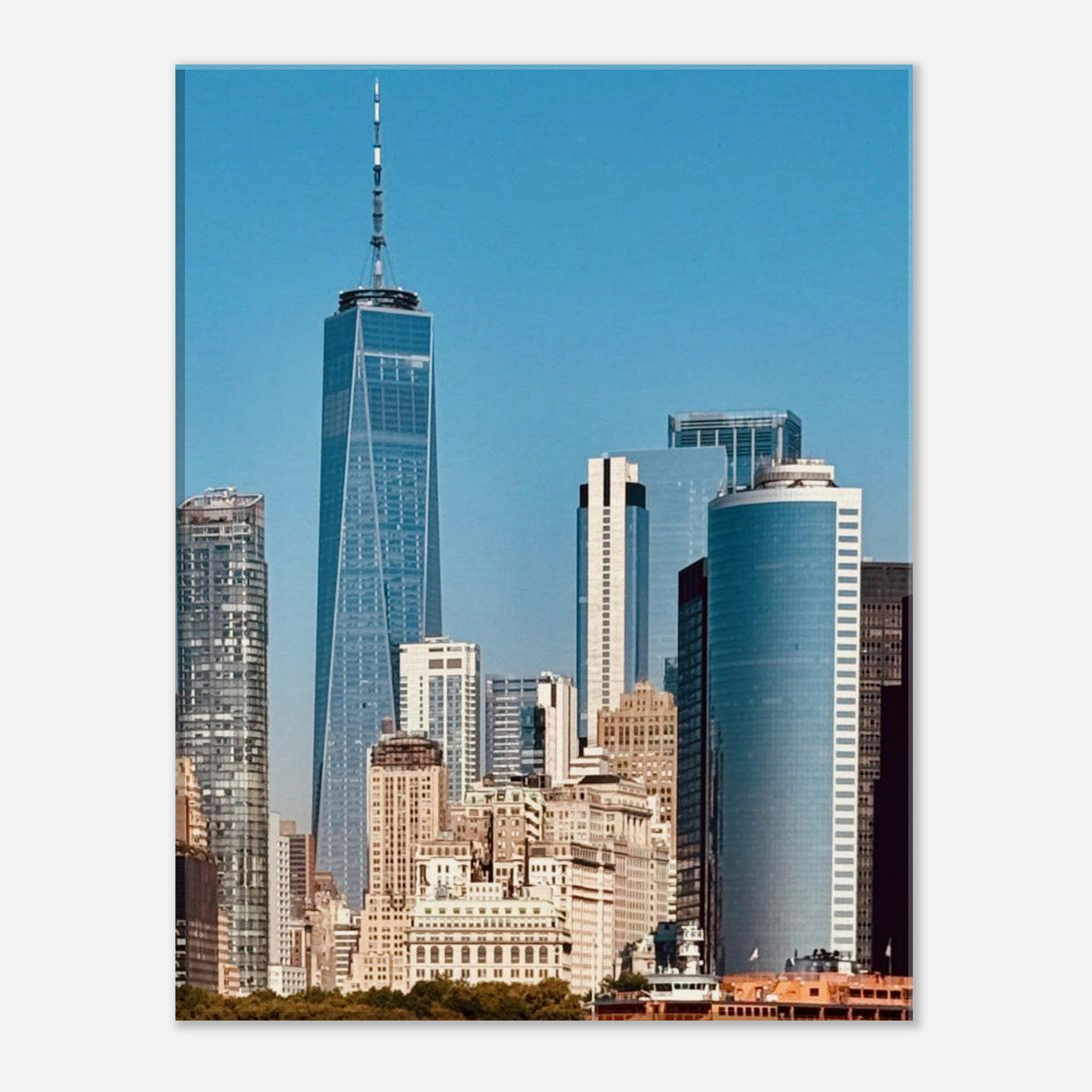 NYC skyline canvas print showing the World Trade Center and Staten Island Ferry, part of the Travel Collection studio edition.