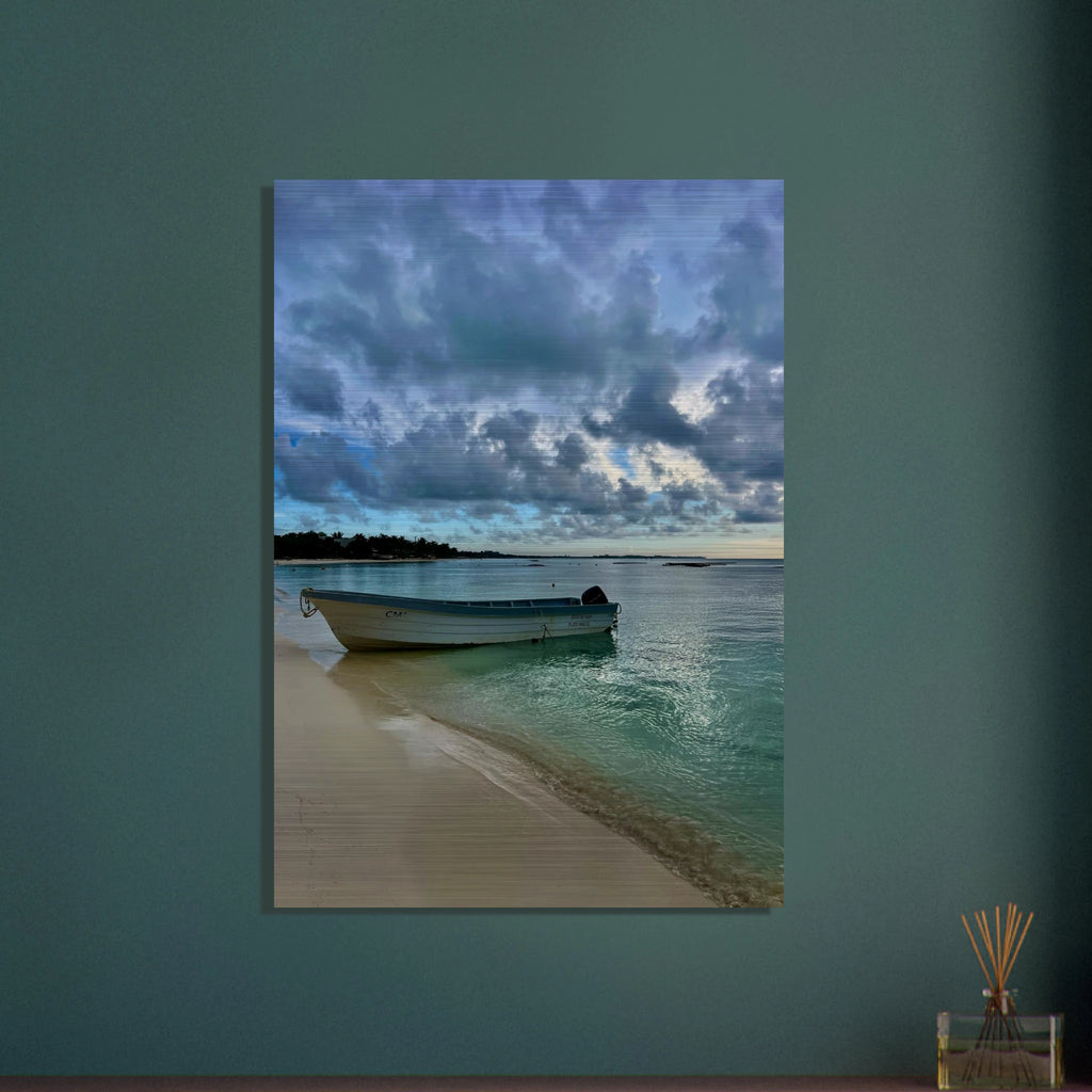 Brushed aluminum print of Idyllic Tulum Fisherboat scene featuring calm Caribbean beach, part of CaliCuration's travel collection.