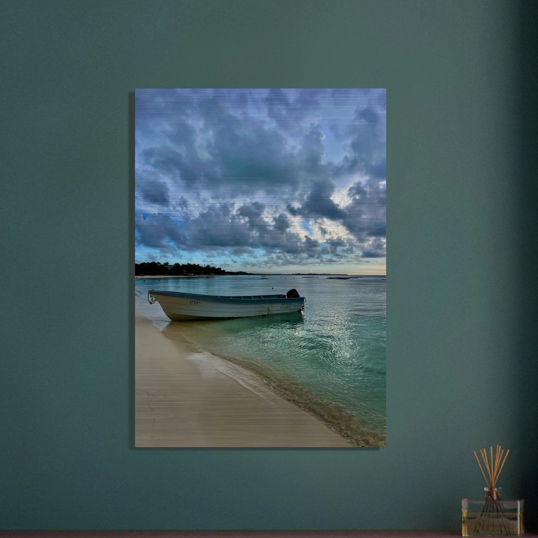 Brushed aluminum print of Idyllic Tulum Fisherboat scene featuring calm Caribbean beach, part of CaliCuration's travel collection.