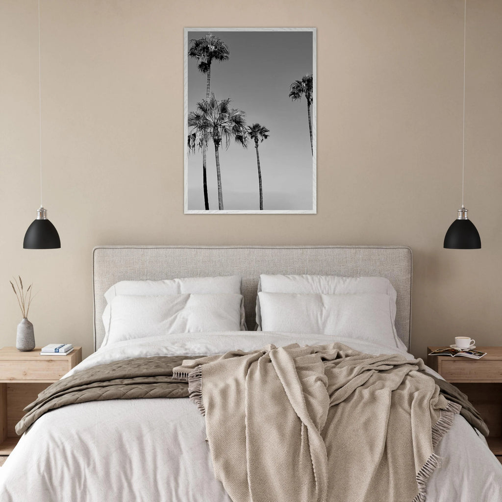 Premium wooden framed black and white California poster art featuring SoCal beach icons from the Studio Edition series.
