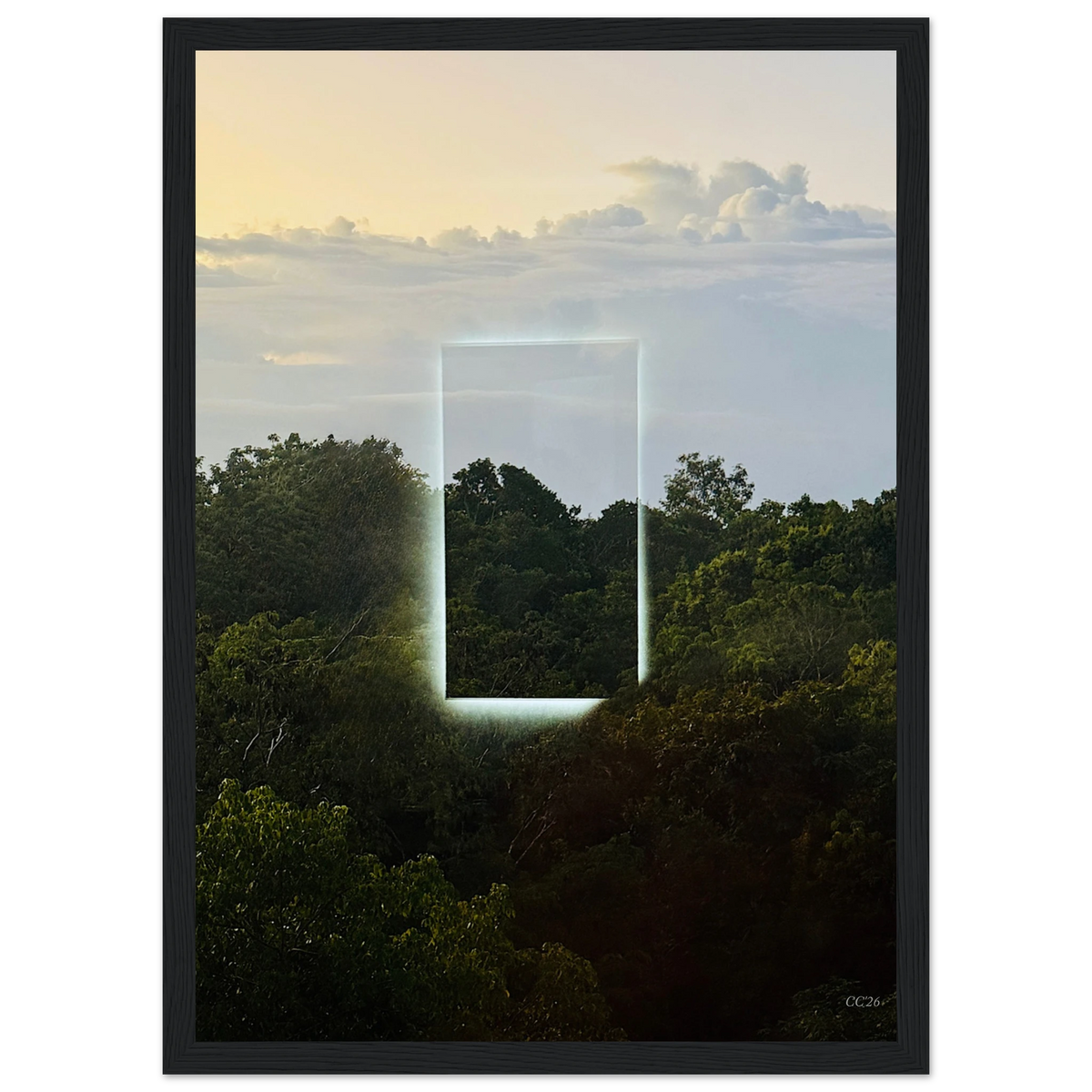 Color print titled "A Window into Jungle Stillness" by CaliCuration, showcasing lush jungle scenery and vibrant colors.