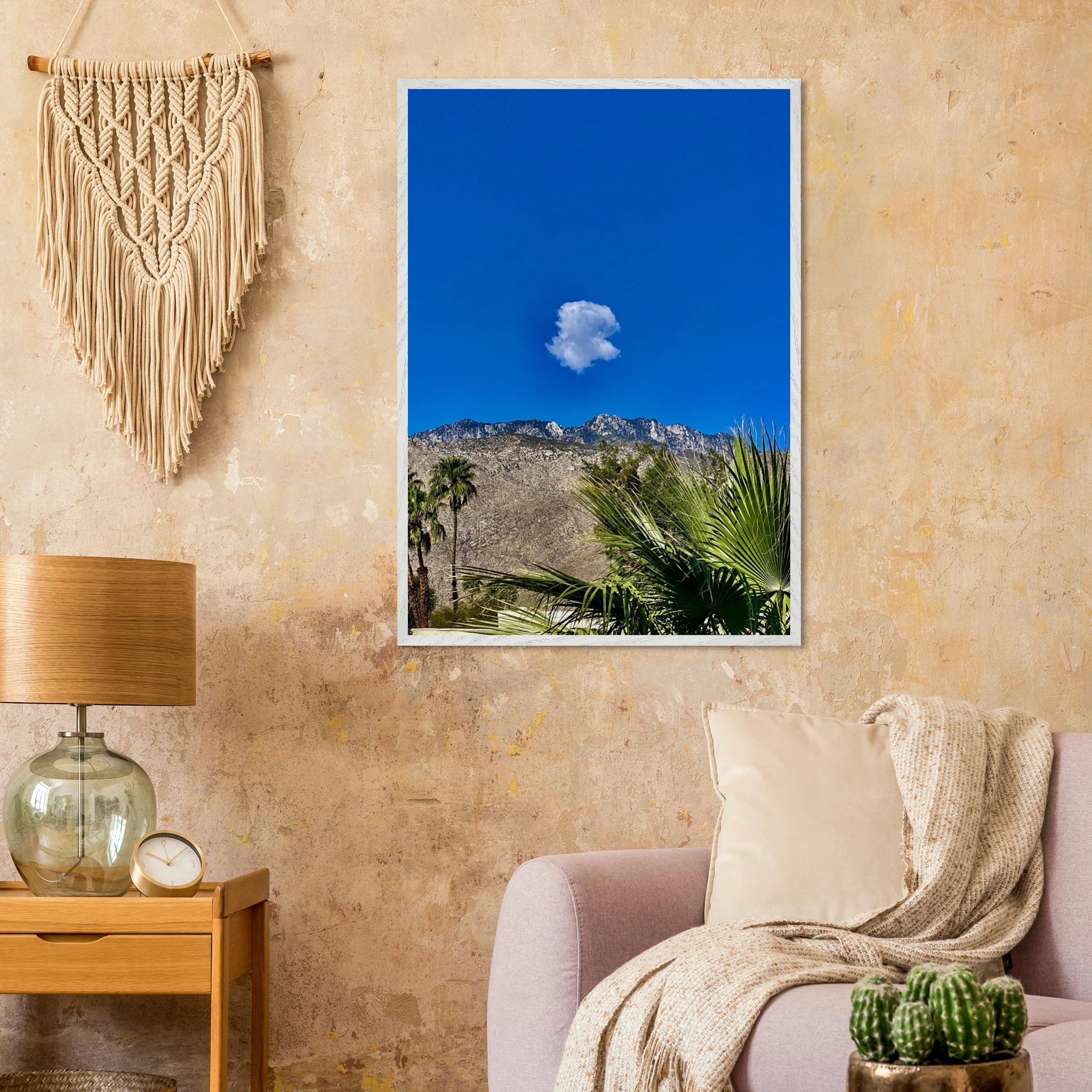 Palm Springs cloud-mounted wooden framed poster showcasing California desert landscape, spring 2026 studio edition home decor art.