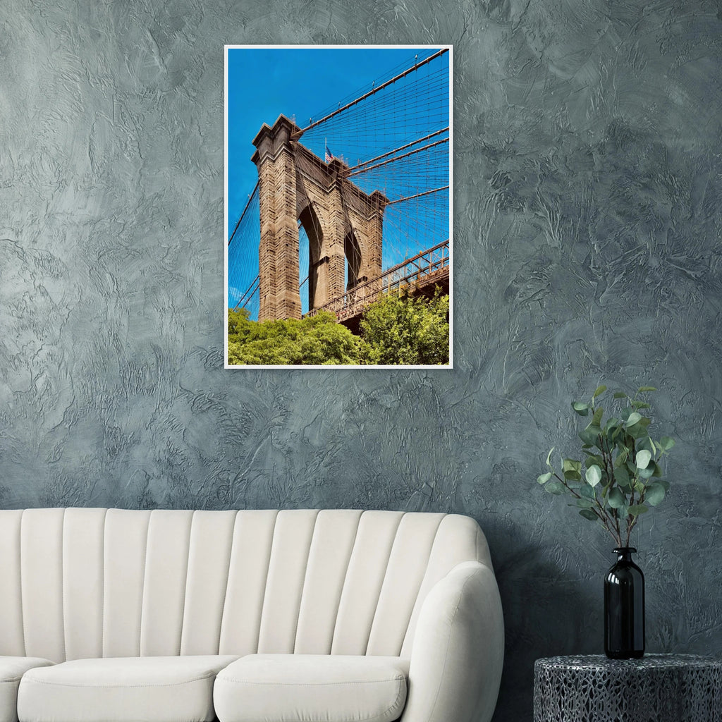 Framed NYC Brooklyn Bridge poster featuring a Dumbo view, showcasing iconic New York City scenery in vibrant print material.