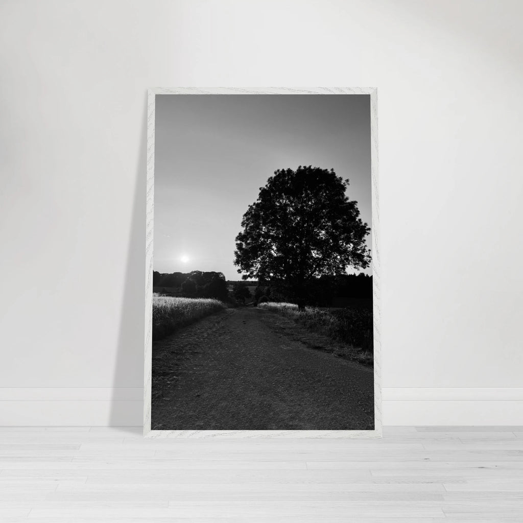Mounted wooden framed poster of a black and white summer scene in the English Cotswolds countryside, part of the travel collection.