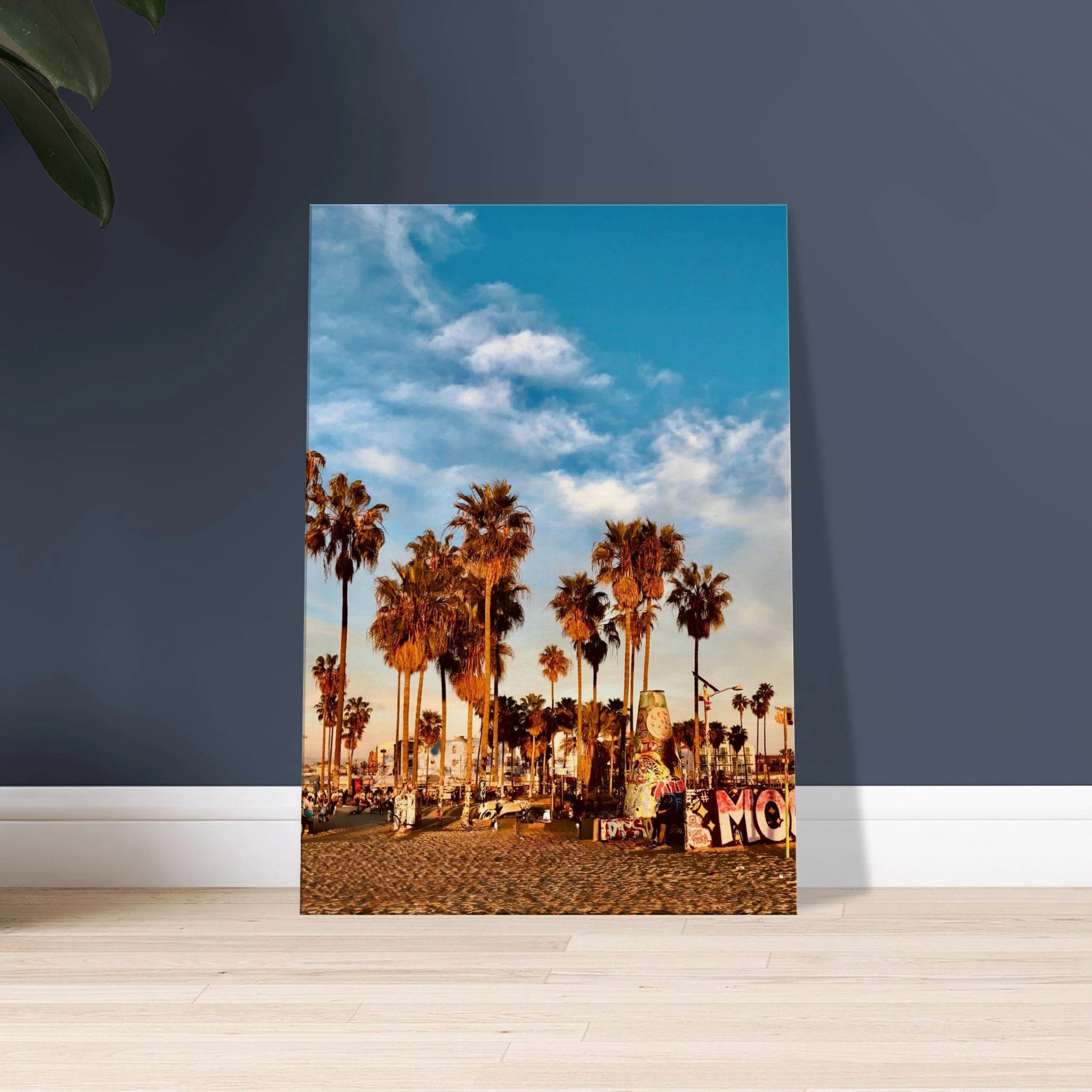 California canvas print featuring edgy palm trees and graffiti design, perfect for a SoCal beach-inspired wall decor.