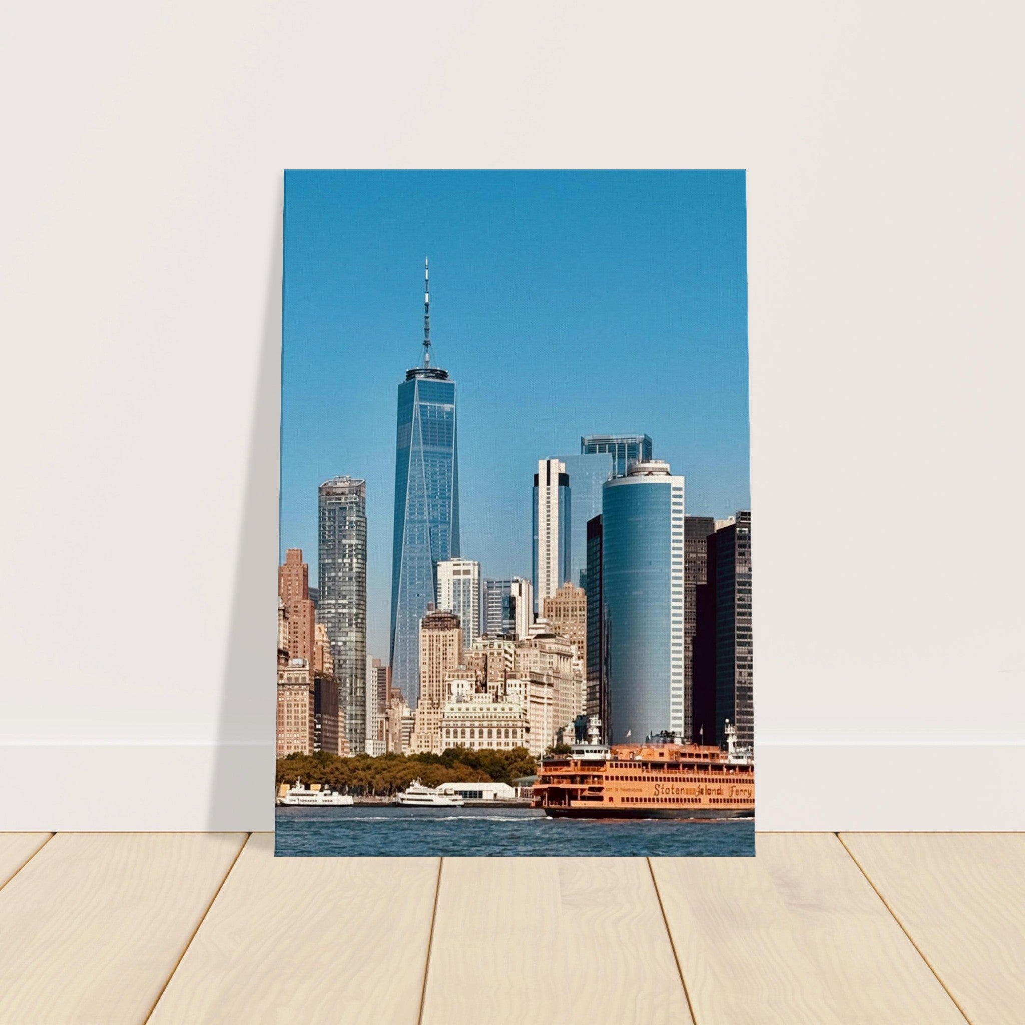 NYC skyline canvas print featuring the World Trade Center and Staten Island Ferry, part of the Travel Collection by My Store.