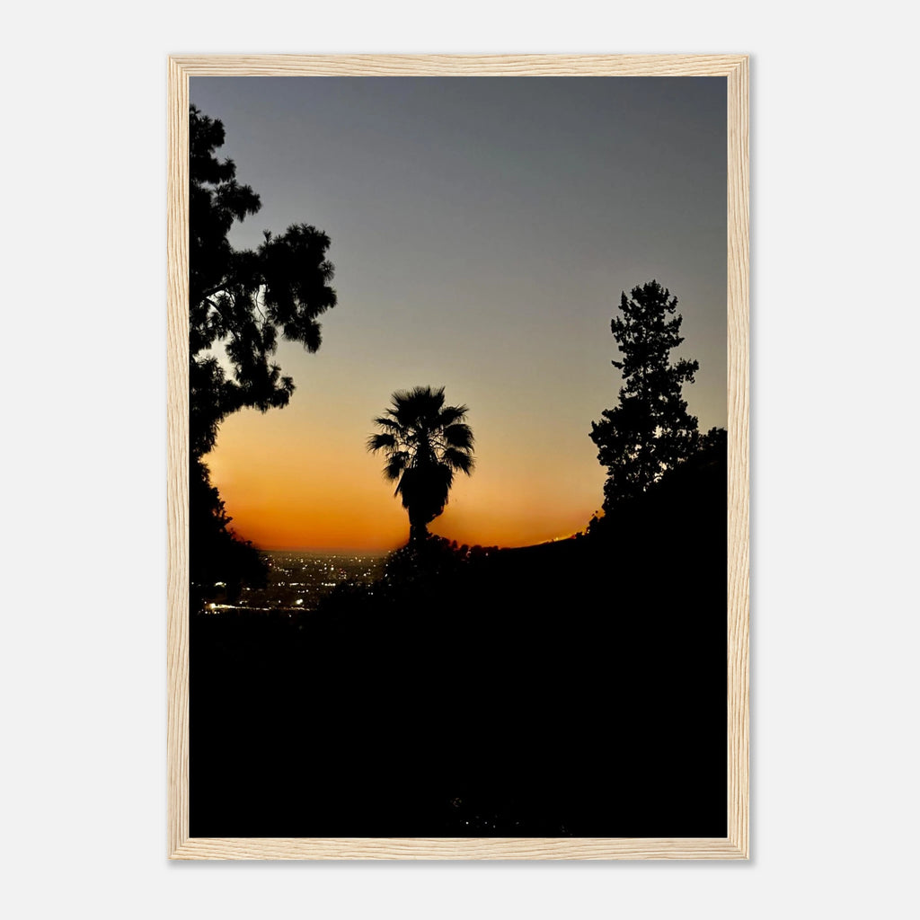 Winter Sunset Laurel Canyon Hollywood Hills framed poster, California art print with vibrant sunset colors and scenic mountain view.
