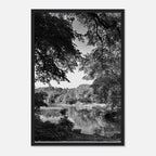 Black and white framed print of a summer lake scene from Upstate NY, part of the Studio Edition Travel Collection.