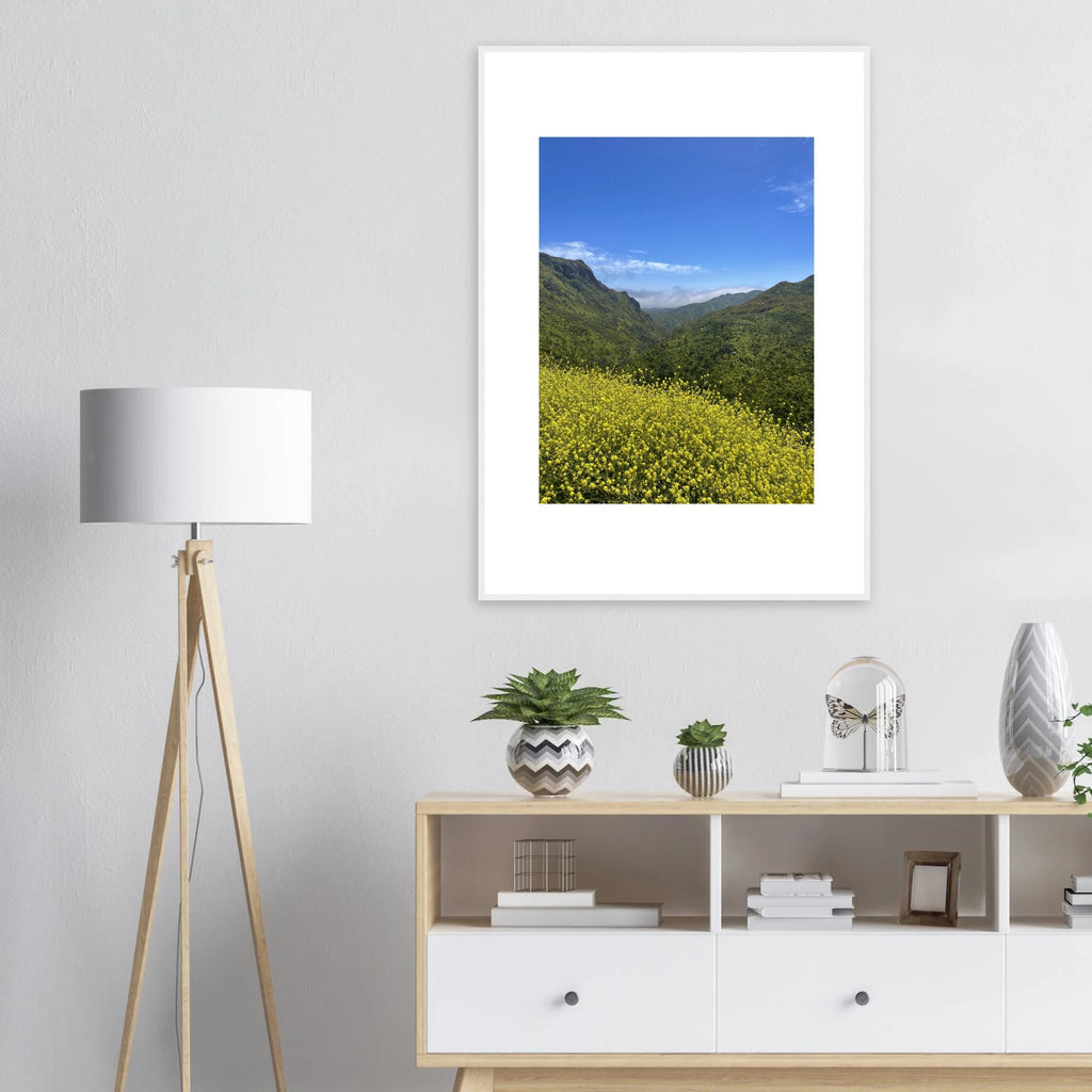 High-quality framed art print of Malibu Canyon in spring bloom wildflowers, showcasing vibrant California landscape art.