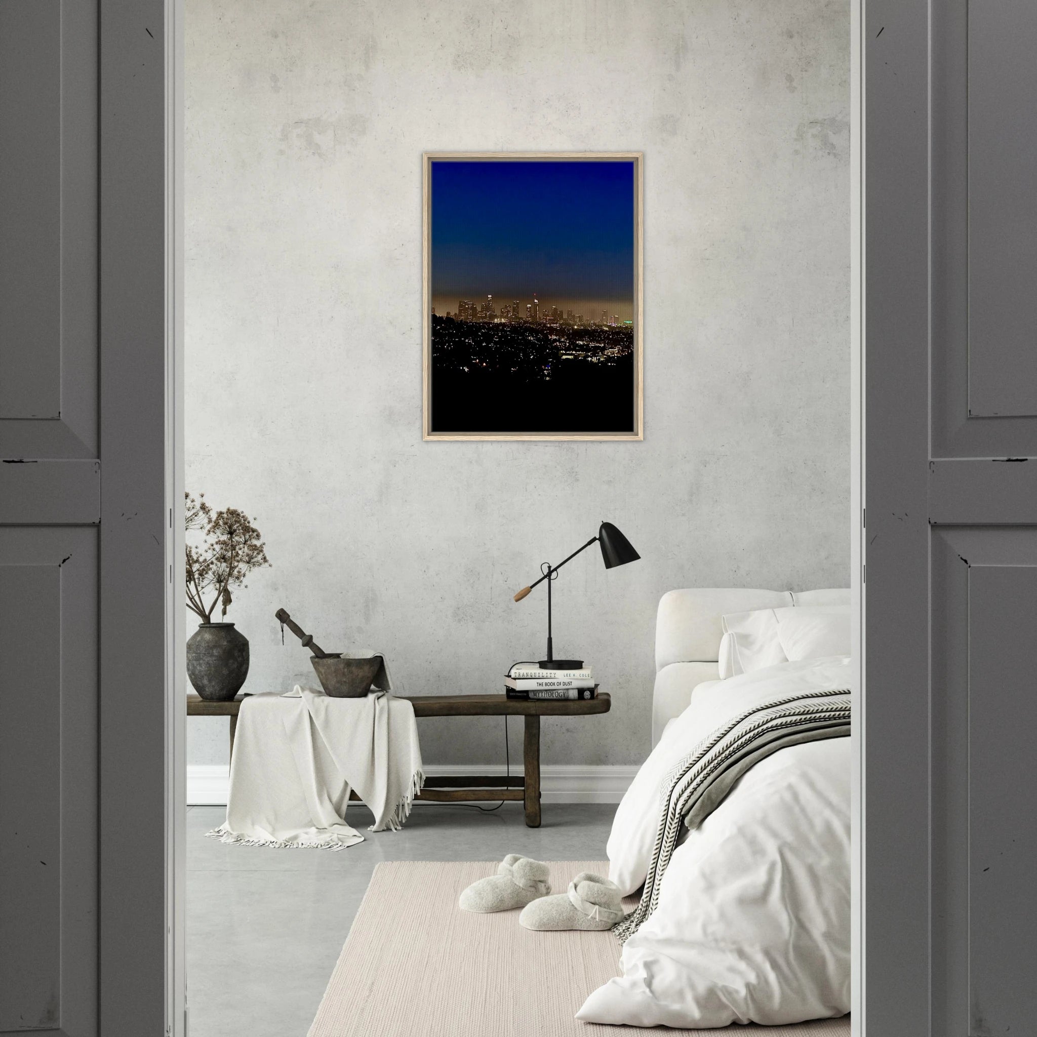 Premium wooden framed canvas print of Los Angeles Downtown Nightglow, elegant home wall art, California cityscape, studio edition.