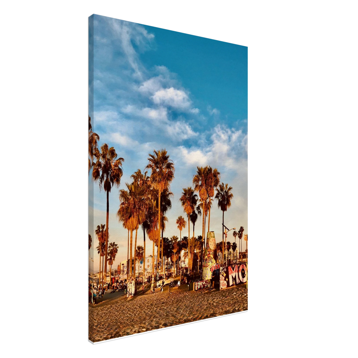 California wall art canvas print featuring palm trees and graffiti-inspired design, perfect for beach-themed home decor.