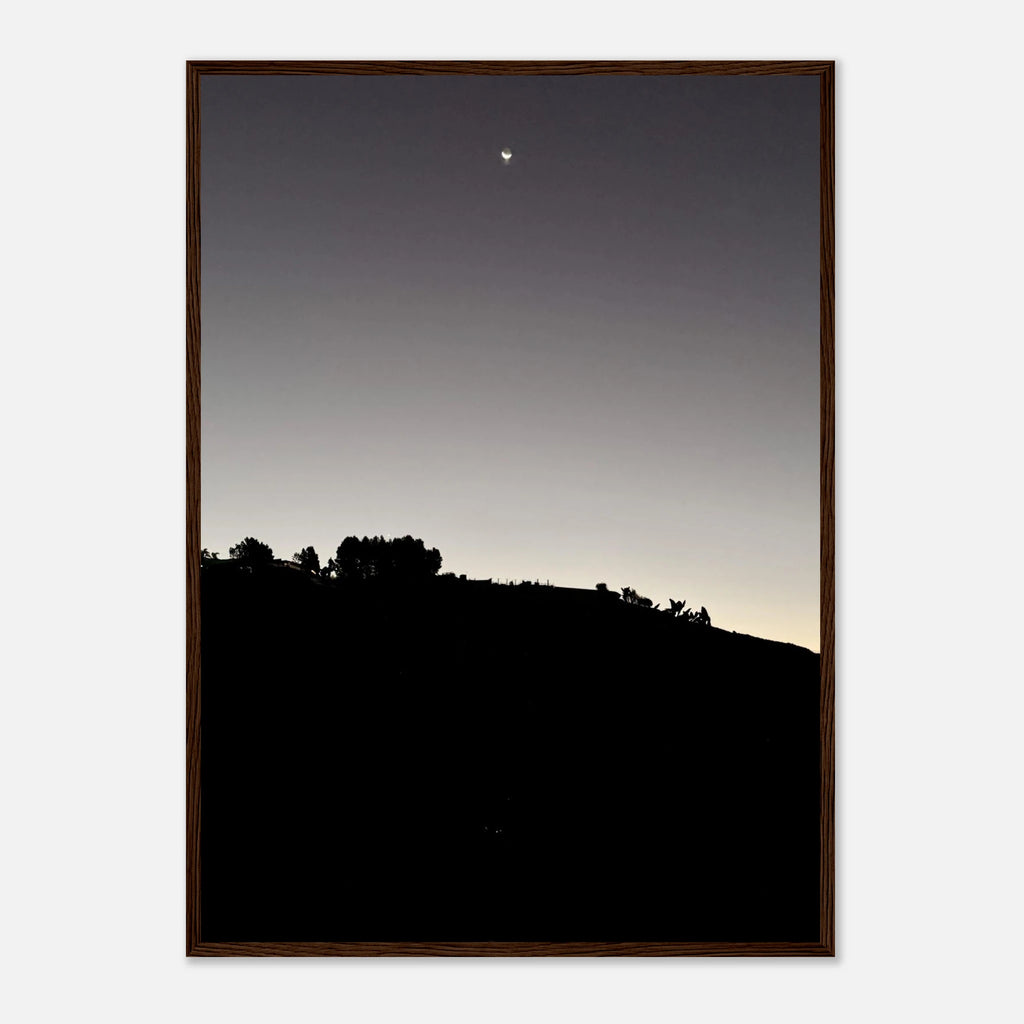Wooden framed semi-glossy poster featuring black and white Hollywood Hills moonlit scene from the Fall New Moon series.