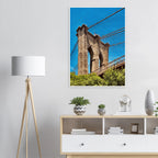 Framed NYC Brooklyn Bridge poster featuring Dumbo view, showcasing iconic New York City skyline and river scene, Studio Edition print.