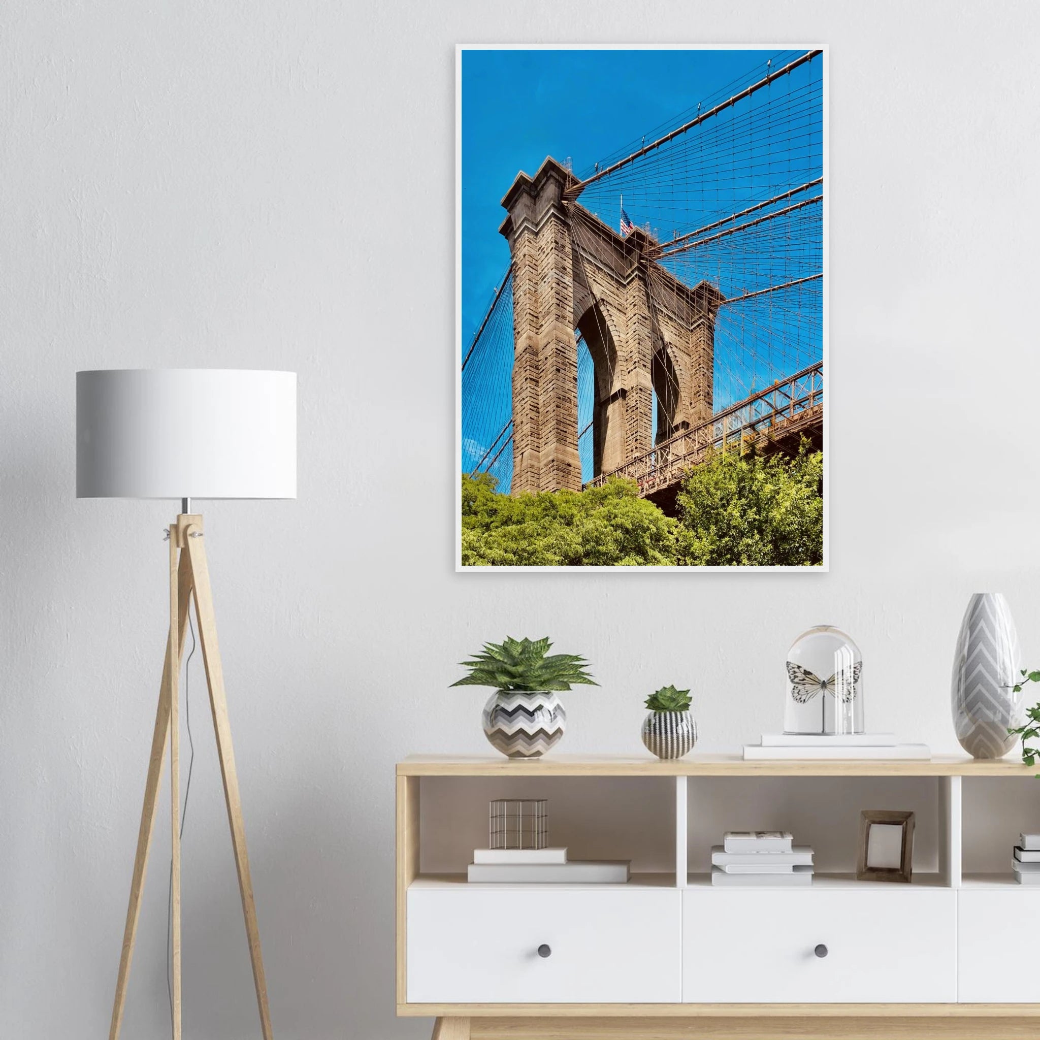 Framed NYC Brooklyn Bridge poster featuring Dumbo view, showcasing iconic New York City skyline and river scene, Studio Edition print.