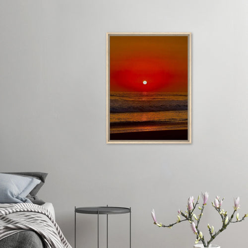 Framed canvas print of California Red Sunset Series 2/4 by CaliCuration, featuring vivid red sunset hues on high-quality print material.