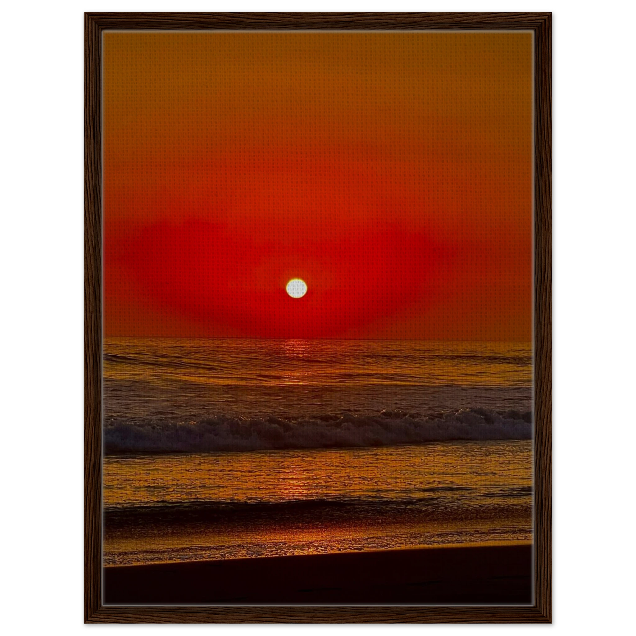 Framed canvas print of California Red Sunset Series 2/3 by CaliCuration, showcasing vibrant red sunset hues in a studio edition.