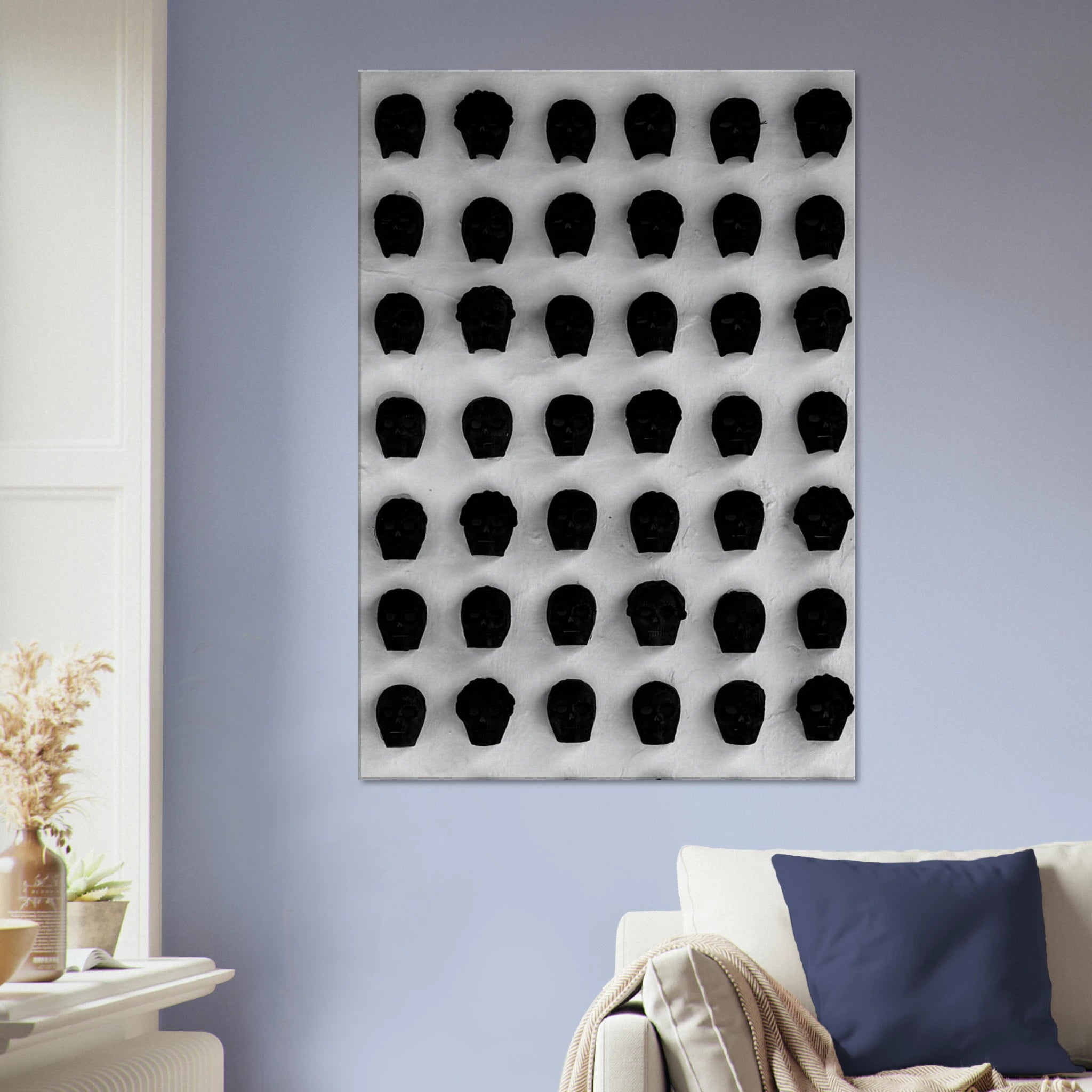 Black and white monochrome skull grid canvas wall art featuring minimalist abstract photography for modern home decor.