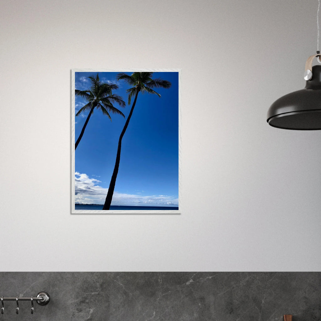 Framed poster featuring Hawaii palm tree twins and Pacific waves, part of CaliCuration's travel collection print, Studio Edition Spring 2026.