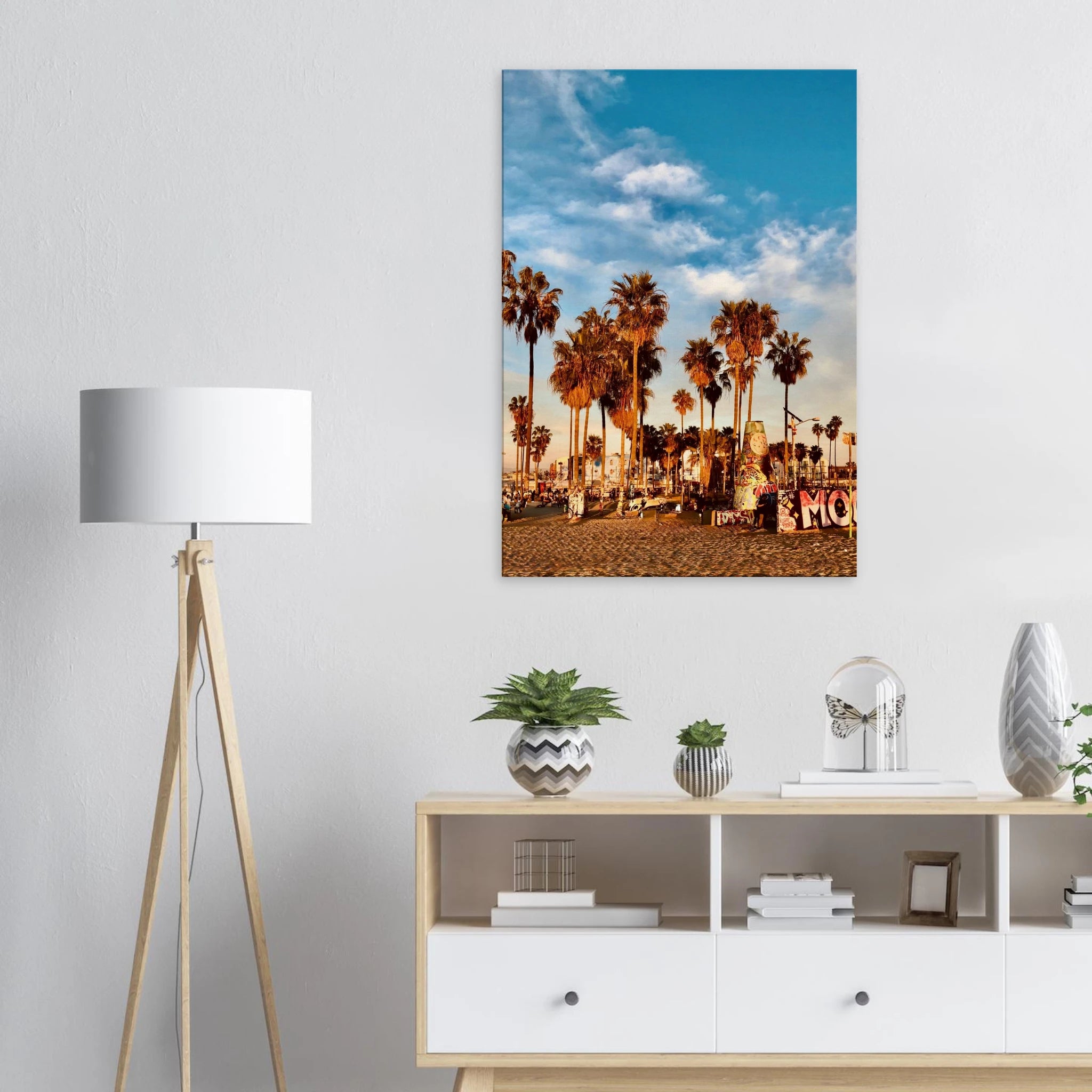 SoCal Beach canvas print by My Store featuring edgy palm trees and graffiti design, showcasing a California beach oasis.