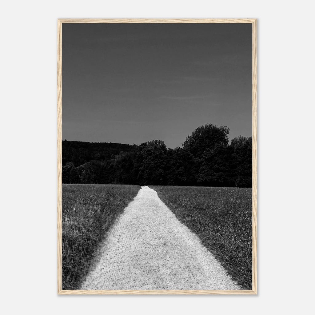 Black and white framed poster of a summer road scene from the Travel Collection, printed on semi-glossy paper, Studio Edition.