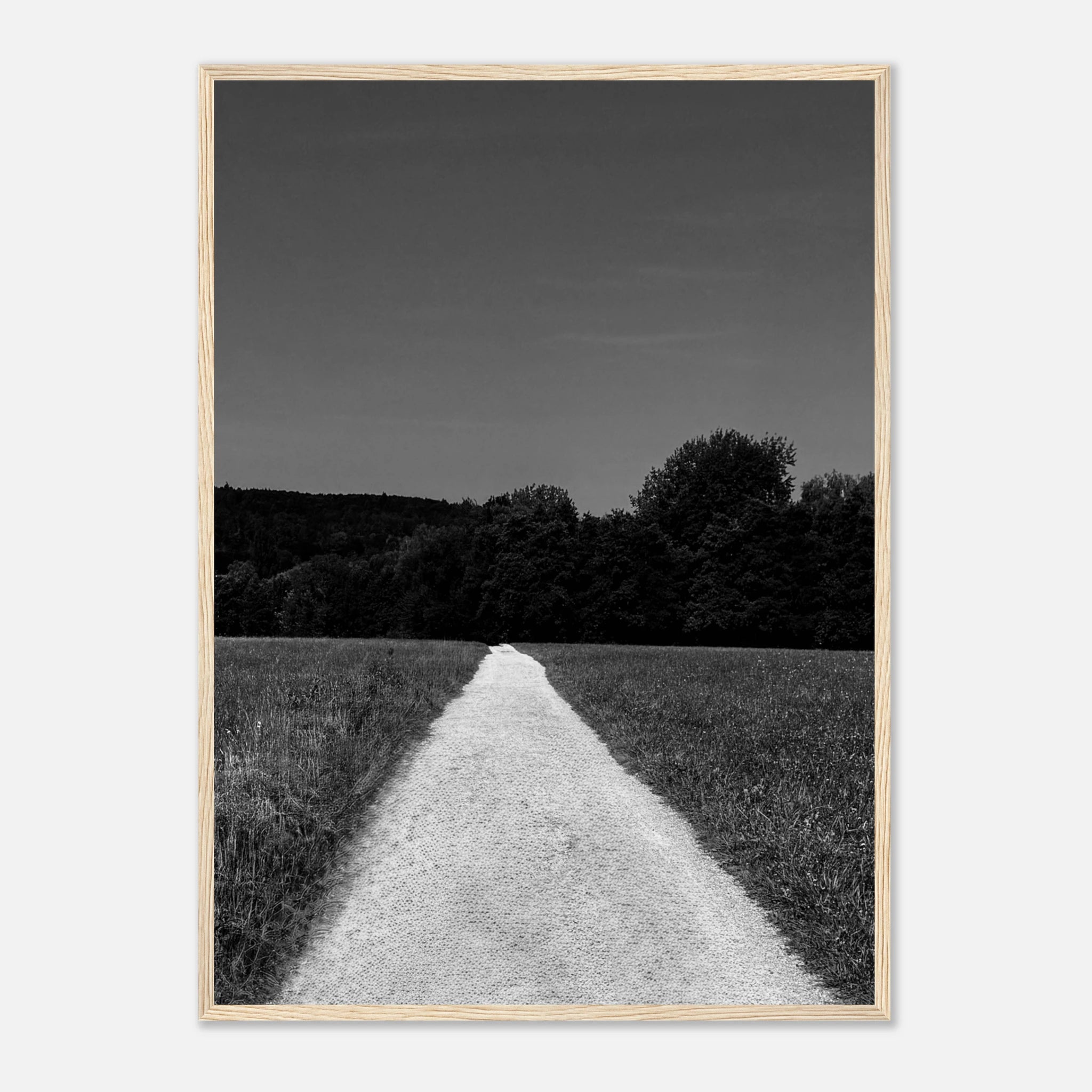 Black and white framed poster of a summer road scene from the Travel Collection, printed on semi-glossy paper, Studio Edition.