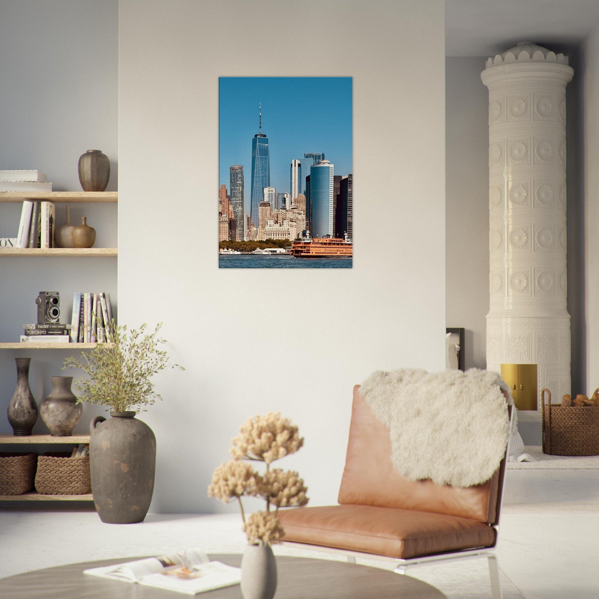 NYC skyline canvas print featuring the World Trade Center and Staten Island Ferry, part of the Travel Collection, Studio Edition.