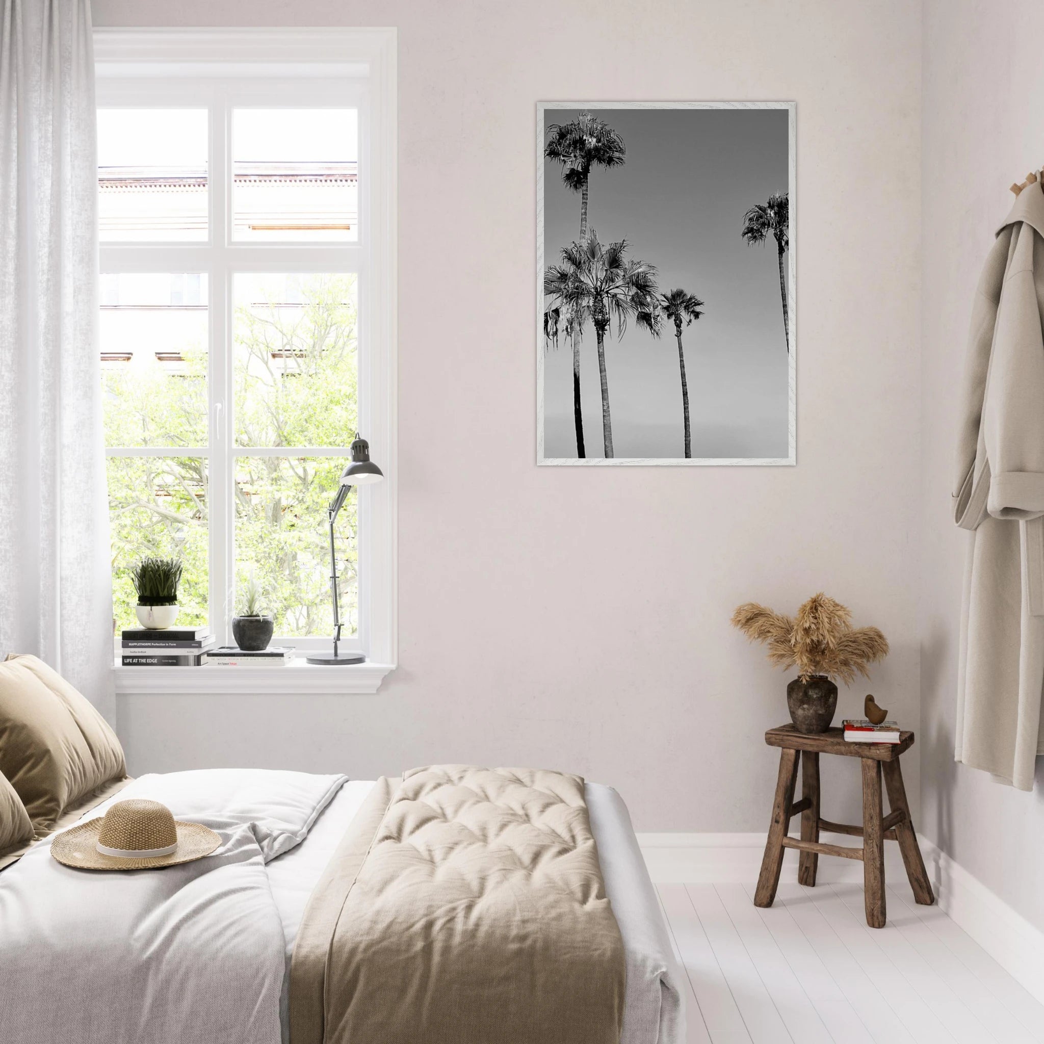 Premium wooden framed black and white California poster art featuring SoCal beach icons in a semi-glossy finish.