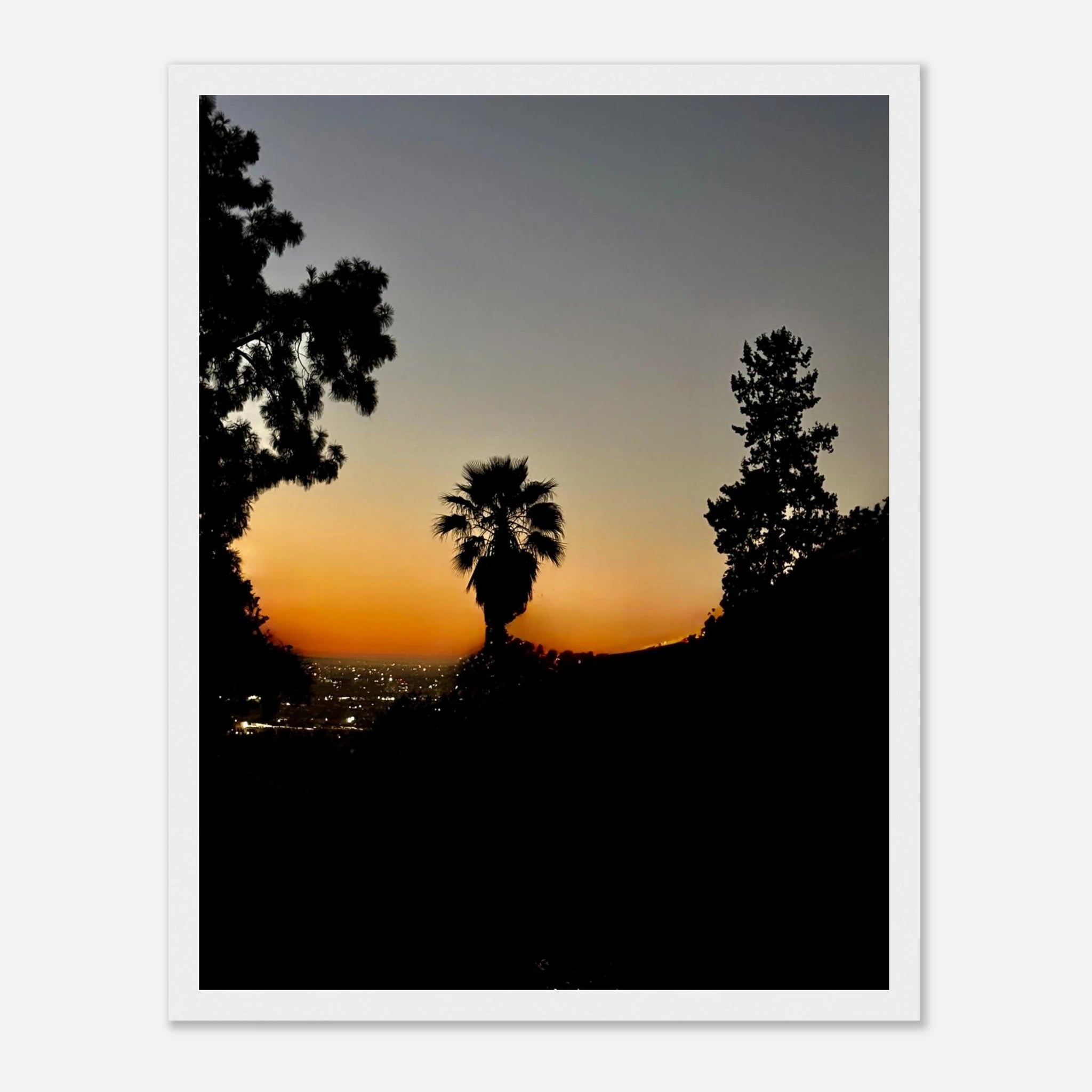 Winter Sunset Laurel Canyon Hollywood Hills framed poster, California art print by My Store showcasing sunset over canyon and hills.