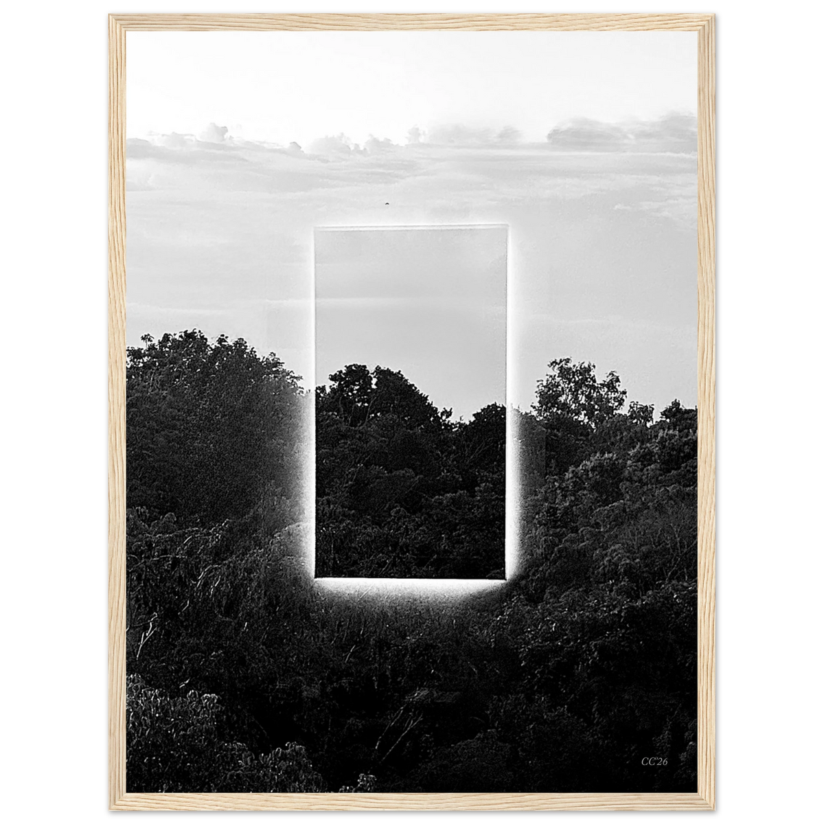 Black and white print titled "A Window into Jungle Stillness" by CaliCuration, showcasing a serene jungle scene in a limited edition of 5.