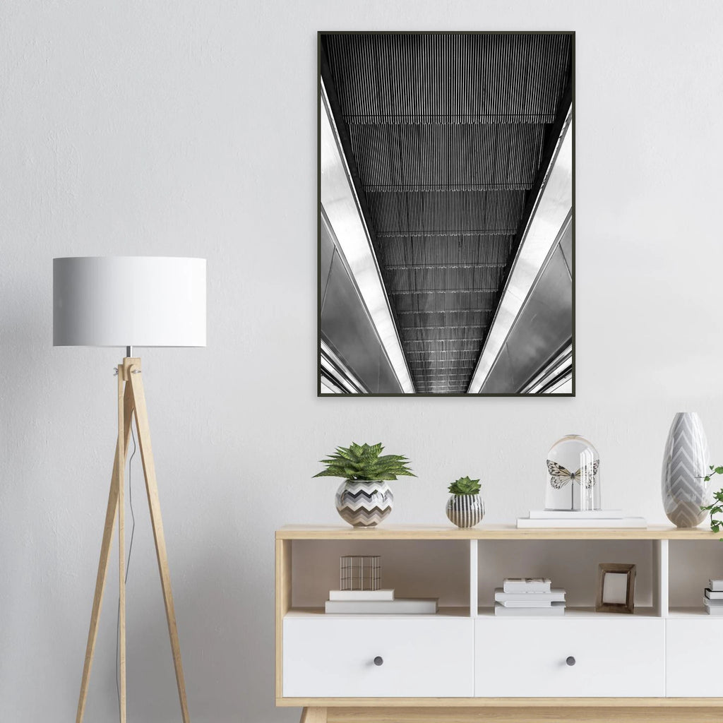 Black and white framed print of London Tube escalator abstract artwork from the Studio Edition travel collection.