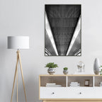 Black and white framed print of London Tube escalator abstract artwork from the Studio Edition travel collection.