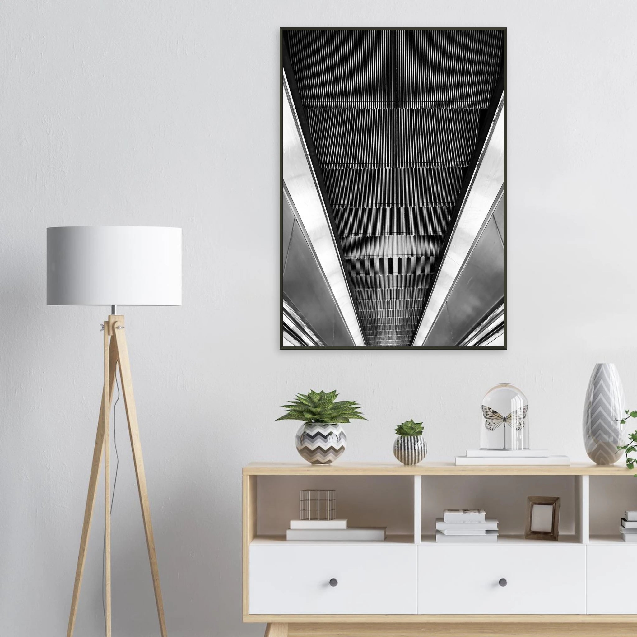 Black and white framed print of London Tube escalator abstract artwork from the Studio Edition travel collection.