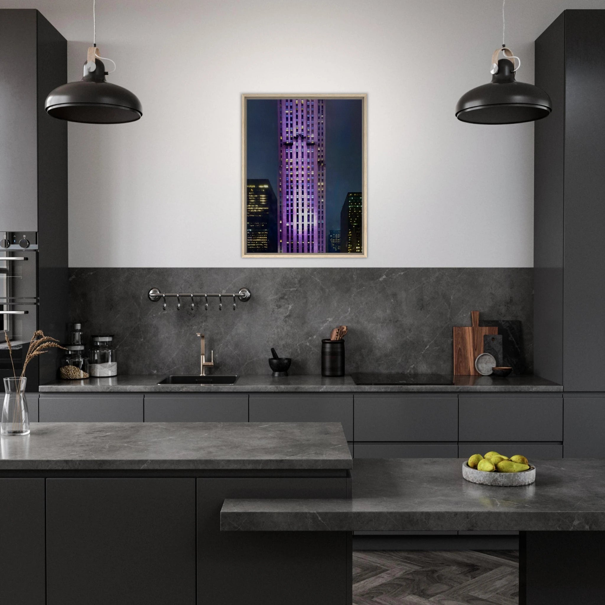 Framed canvas print of NYC holiday skyline in purple elegance, part of the Travel Collection Studio Edition artwork.