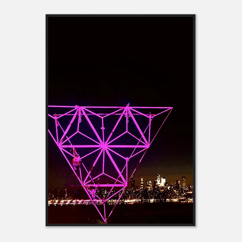 Framed print of New York City holiday art installation featuring a vibrant Manhattan night view with Empire State Building, travel collection.