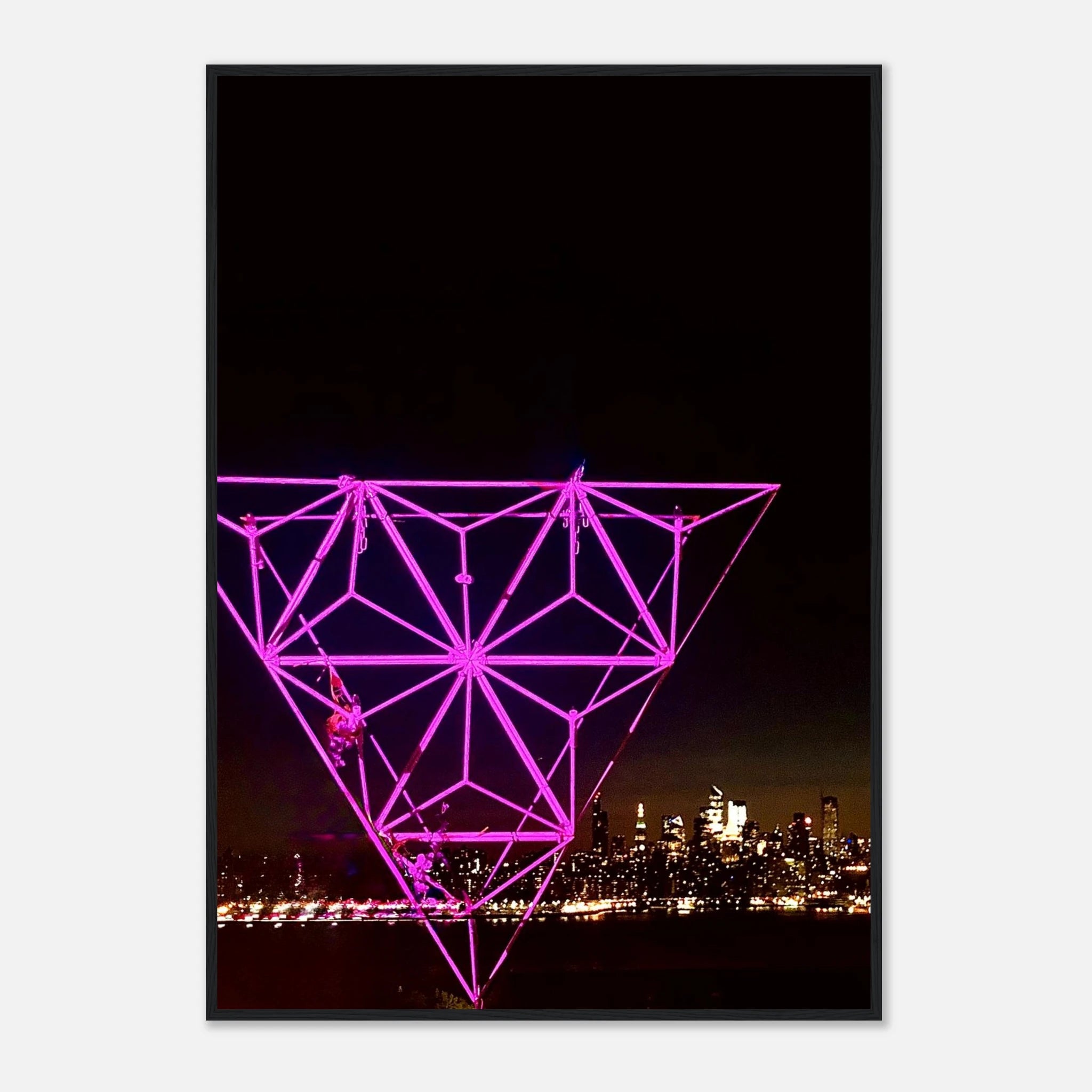 Framed print of New York City holiday art installation featuring a vibrant Manhattan night view with Empire State Building, travel collection.