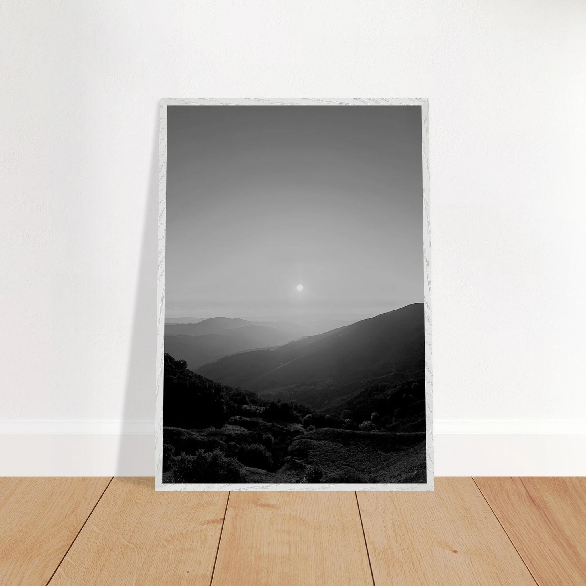 Black and white mounted framed poster of California Central Coast sunset from the Studio Edition travel collection, print material.