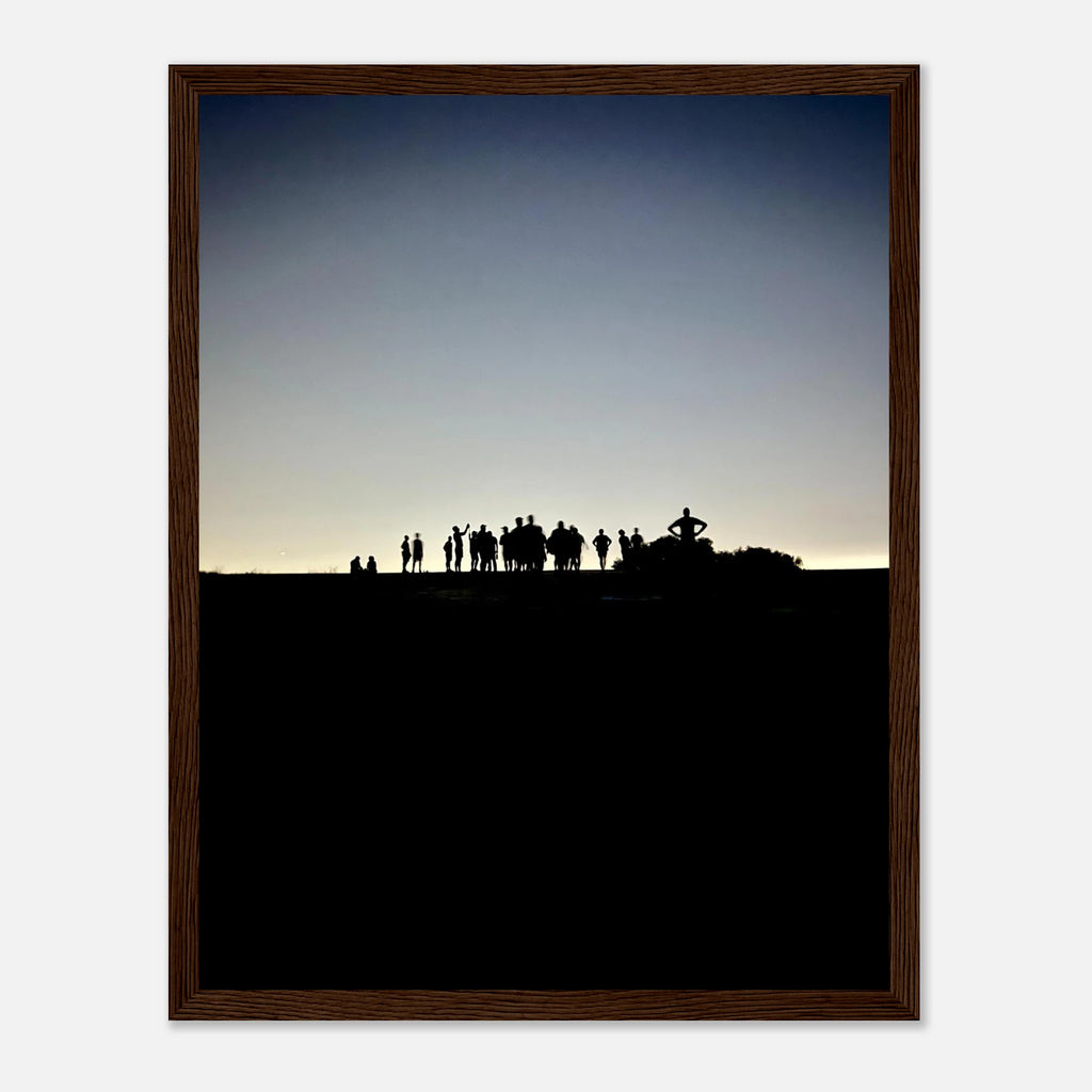 Black and white framed poster of Hollywood Hills at sunset, featuring city lights and California scenery in a mystical holiday art style.