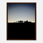 Black and white framed poster of Hollywood Hills at sunset, featuring city lights and California scenery in a mystical holiday art style.