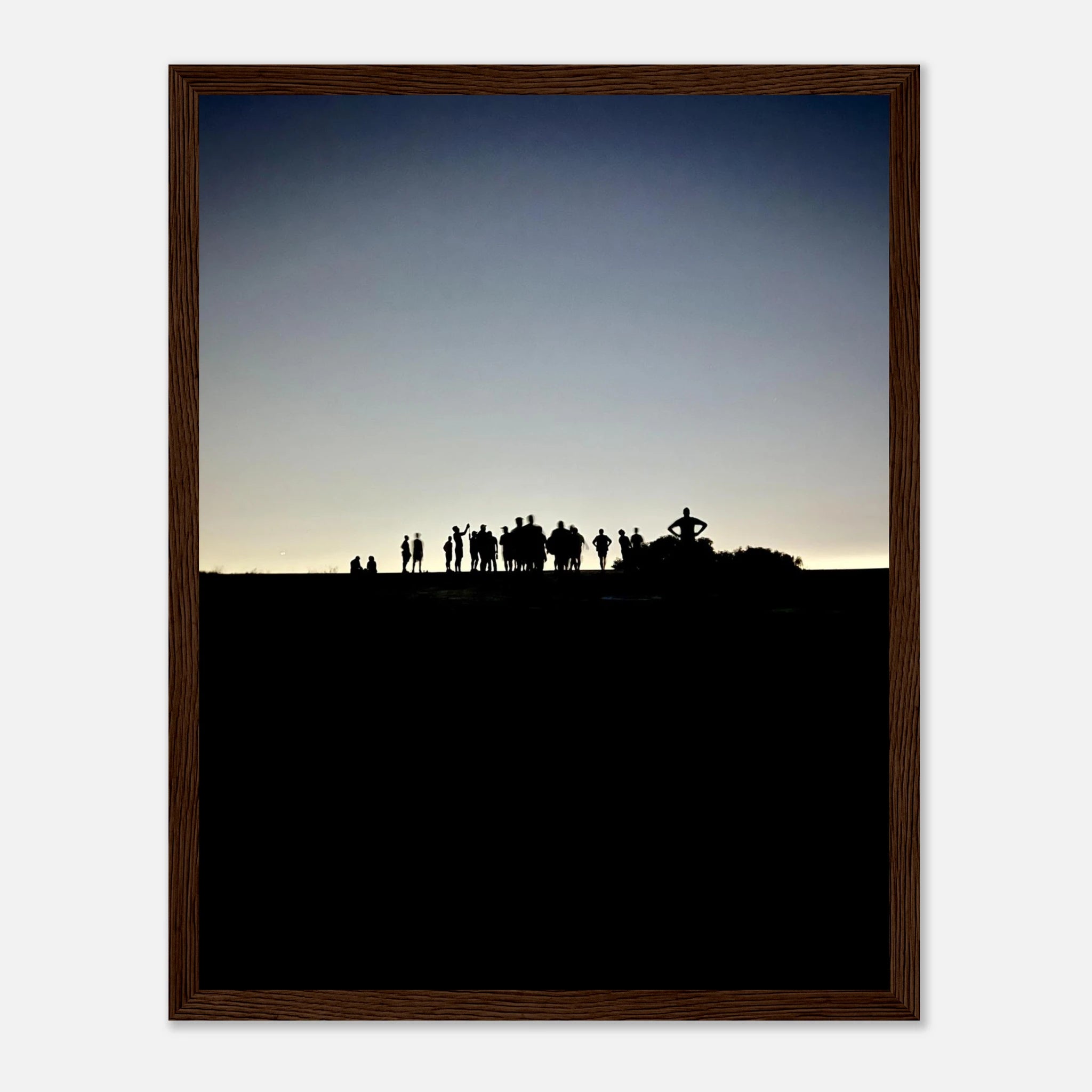 Black and white framed poster of Hollywood Hills at sunset, featuring city lights and California scenery in a mystical holiday art style.