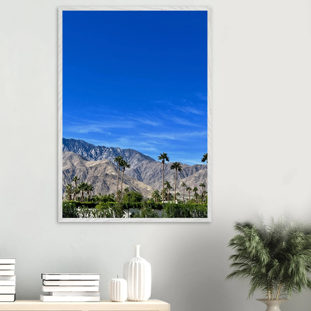Wooden framed poster of a sunny fall day in Palm Springs, California featuring vibrant autumn landscape art by Studio Edition.