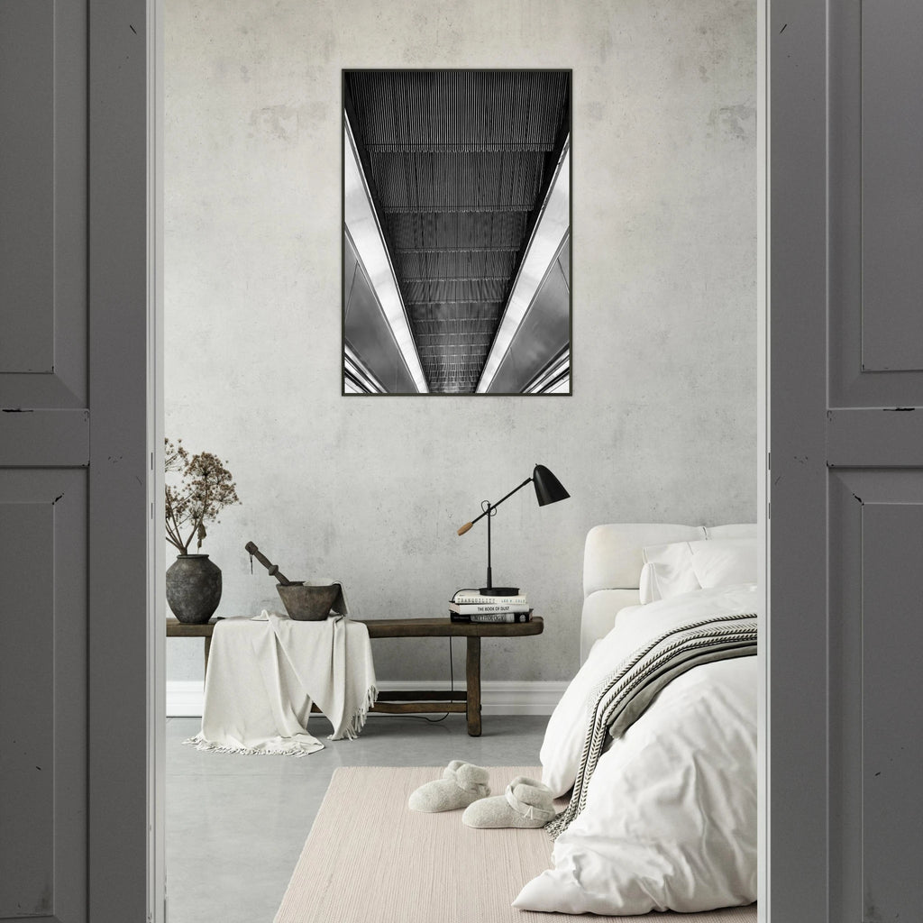 Black and white framed print of London Tube escalator abstract artwork from the Travel Collection Studio Edition.