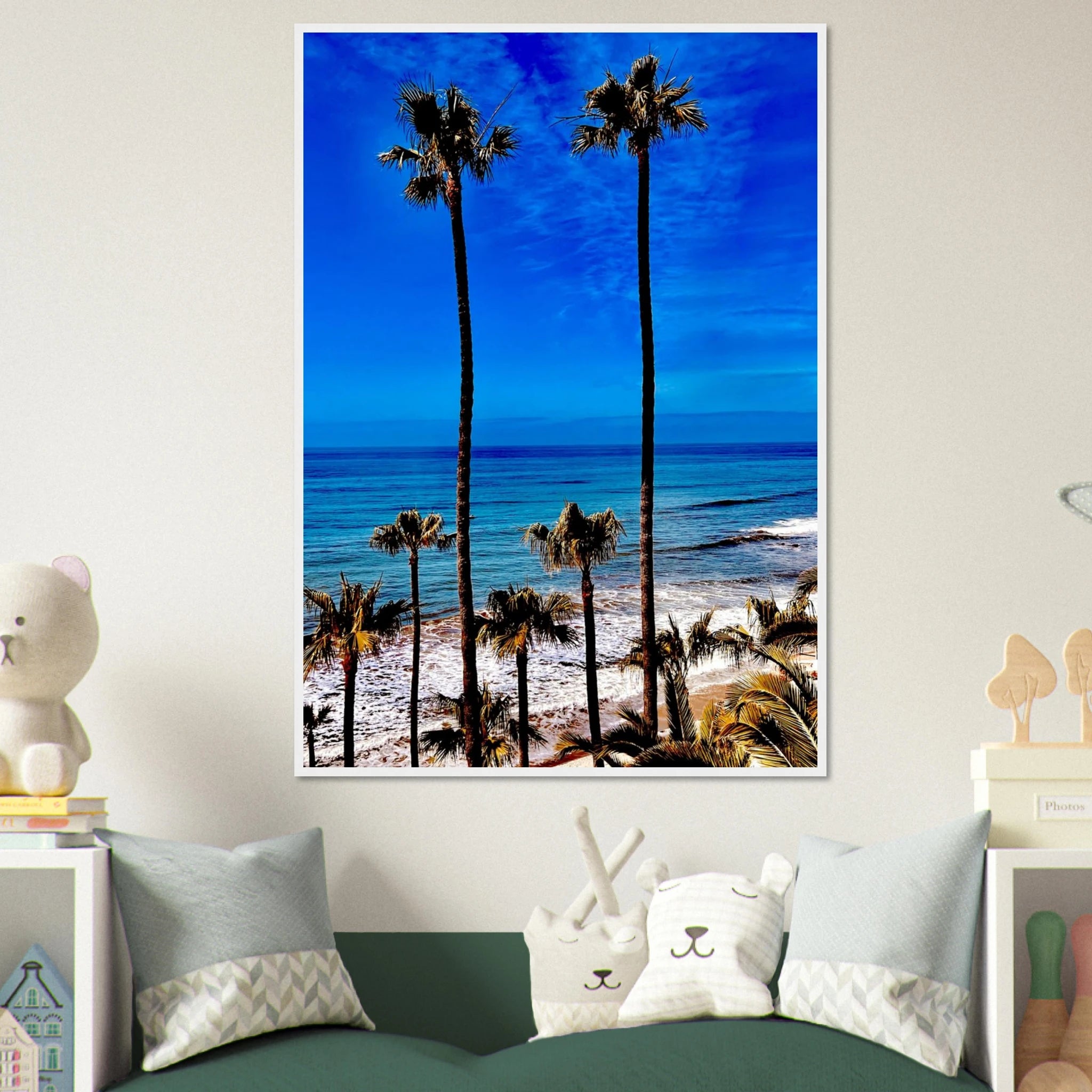 California art print featuring a Malibu palm tree family scene in a framed poster by CaliCuration.