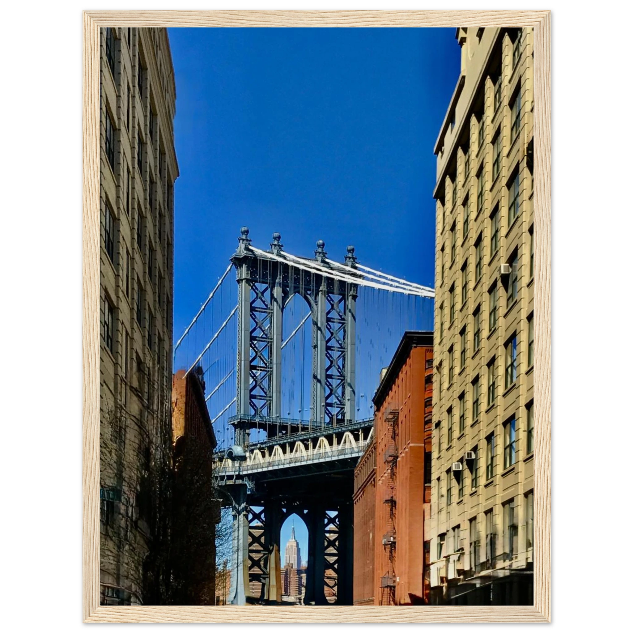 NYC Dumbo skyline wooden framed print by CaliCuration, showcasing spring day travel wall art with vibrant cityscape details.