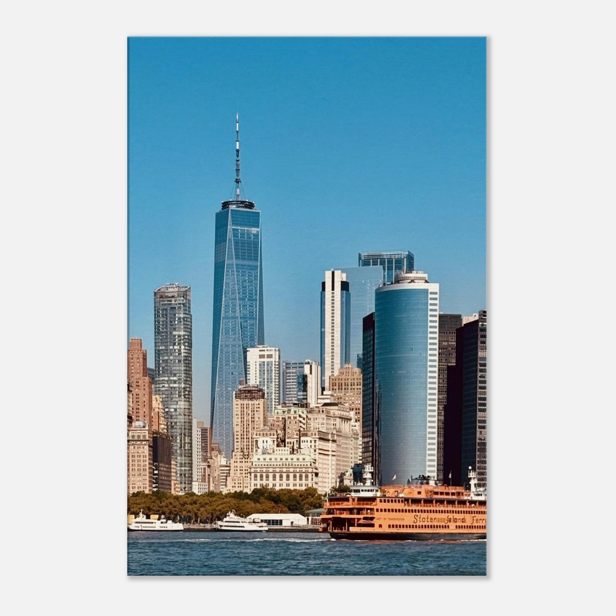 NYC skyline canvas print by My Store showing the World Trade Center and Staten Island Ferry in a vibrant cityscape art piece.