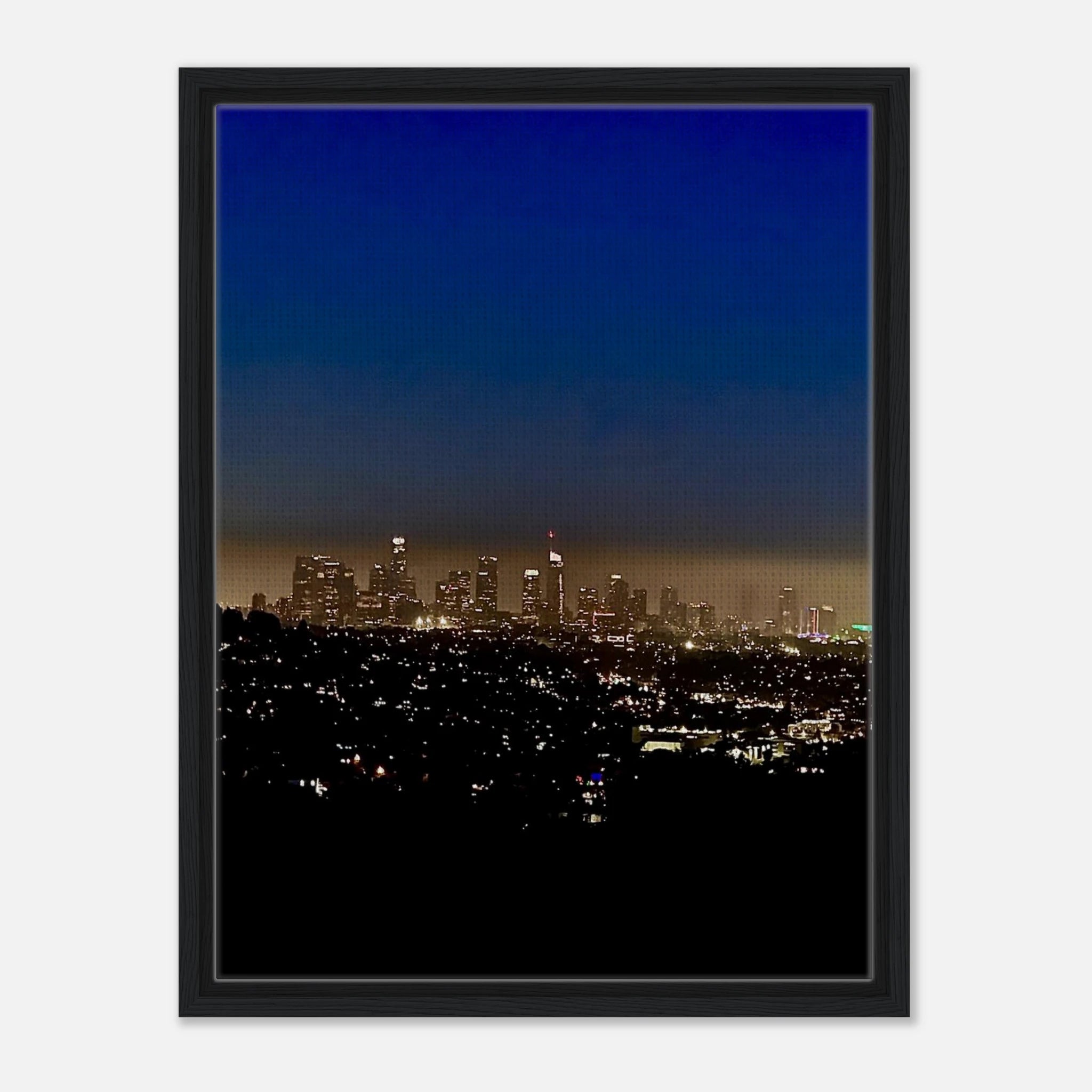 Premium wooden framed canvas print of Los Angeles Downtown Nightglow, elegant home wall art, California cityscape, Studio Edition.