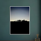 Black and white framed poster of Hollywood Hills at sunset, featuring mystical city lights in California, studio edition print.