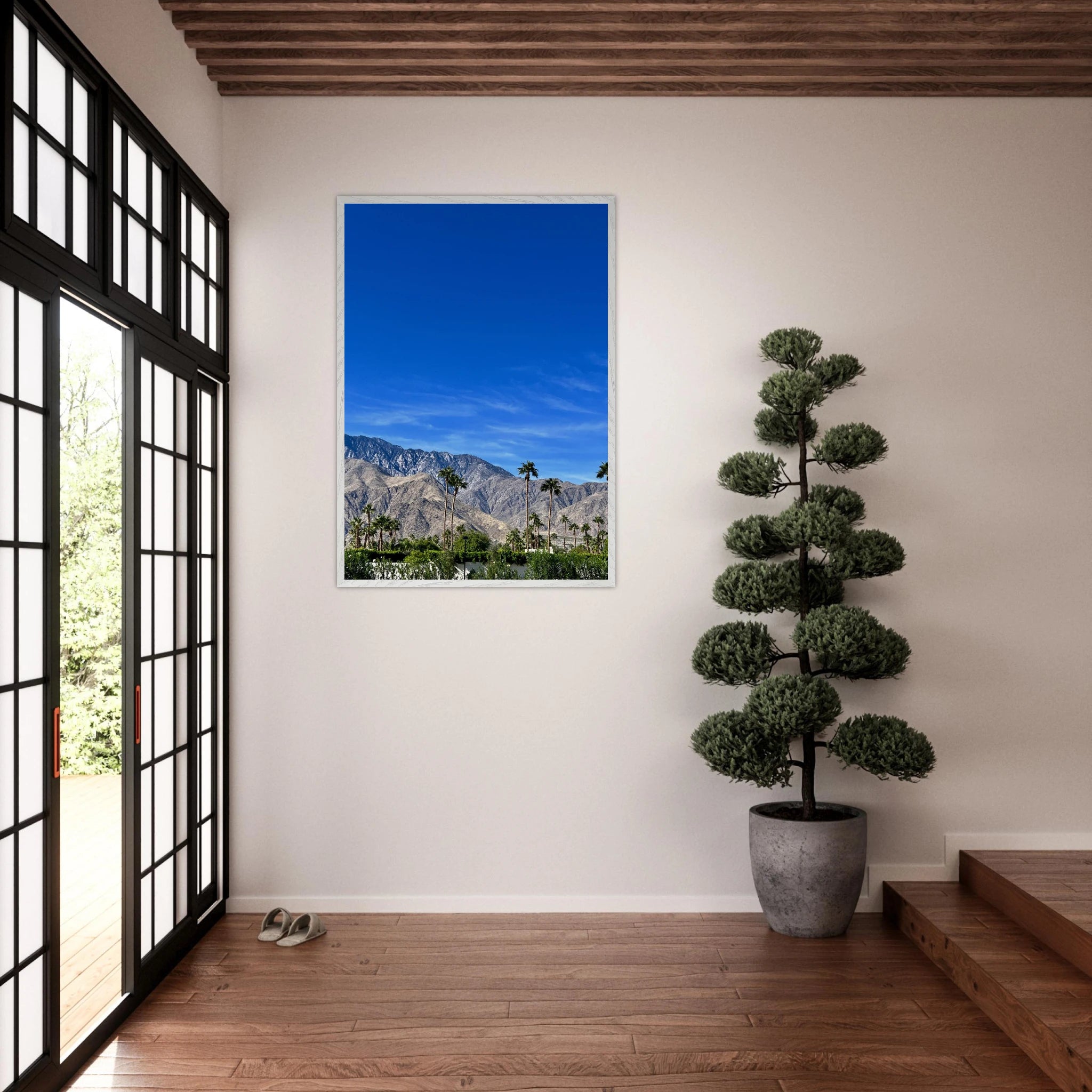 Premium wooden framed poster of a sunny fall day in Palm Springs, California, featuring vibrant autumn scenery and studio-quality print.
