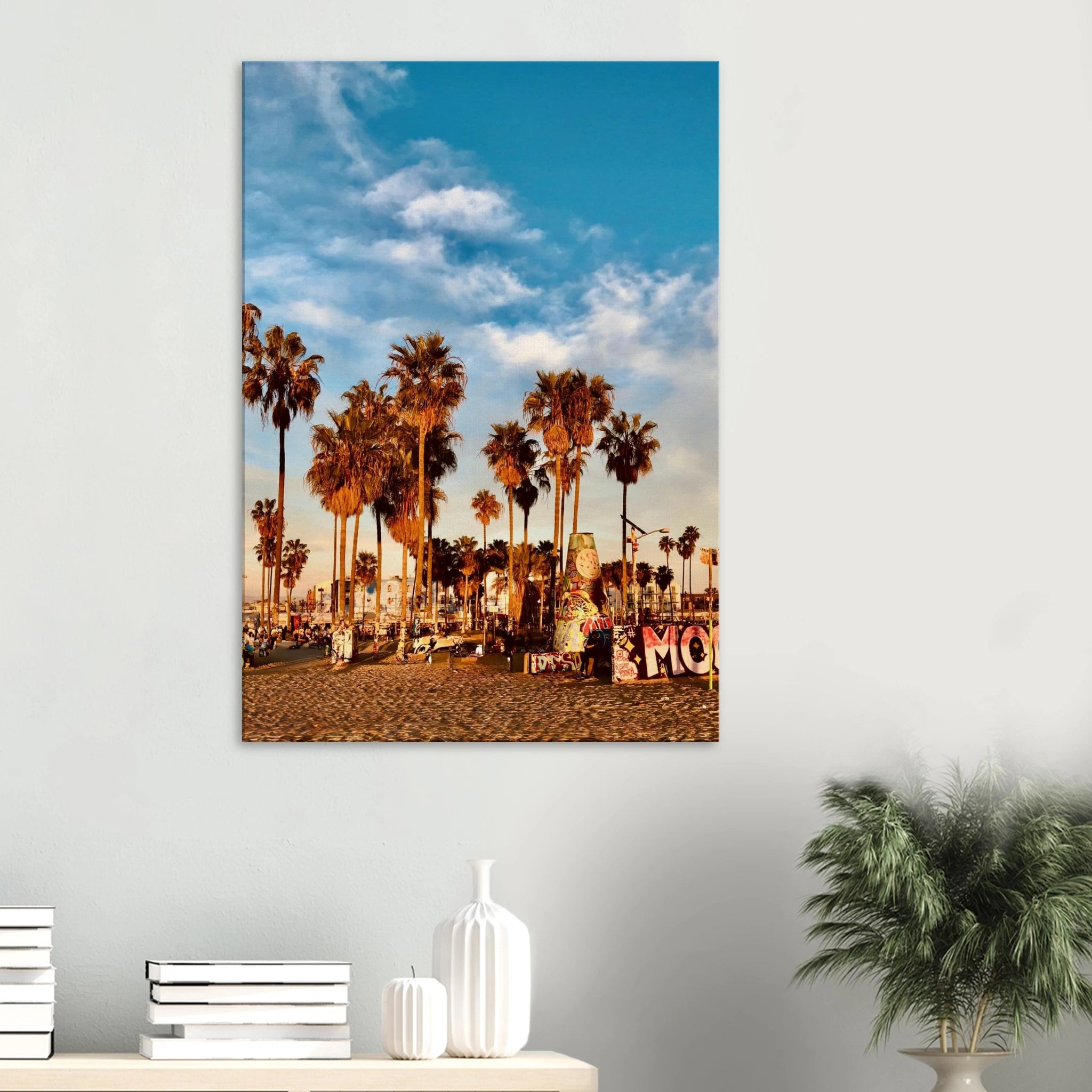 SoCal Beach canvas print featuring edgy palm trees and graffiti design in California style, studio edition artwork.