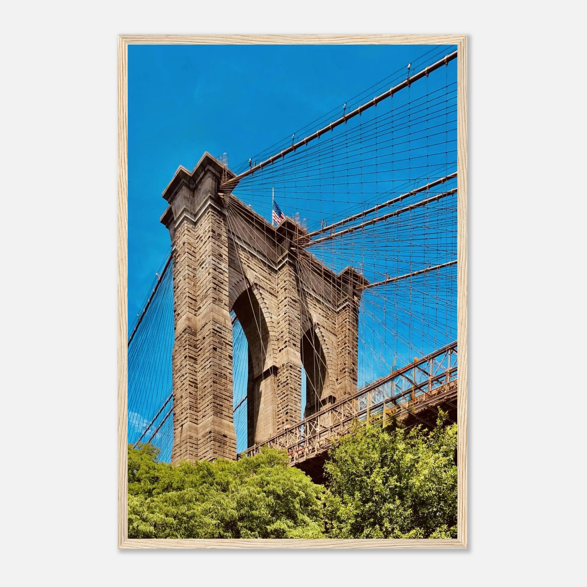 Framed NYC Brooklyn Bridge print from My Store featuring the Dumbo view, perfect for travel-themed home decor.