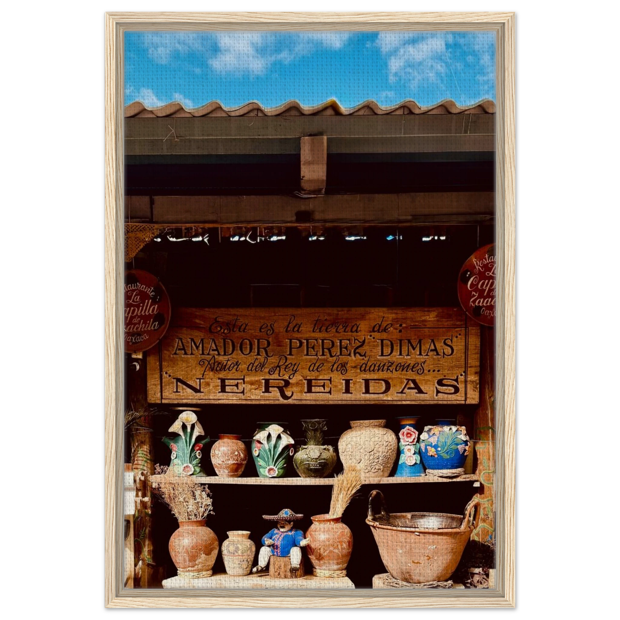 Colorful framed canvas print of Oaxaca street fair scene by CaliCuration, featuring vibrant Mexican cultural imagery.